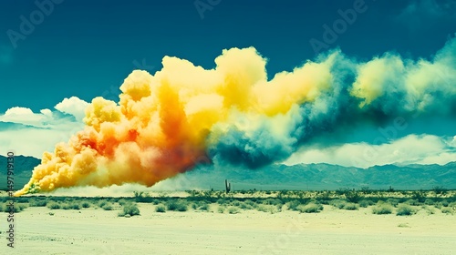 A desert landscape with a large plume of colorful smoke rising into the blue sky and scattered clouds