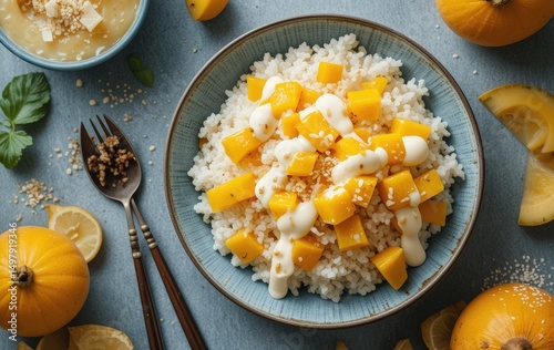 Thai mango sticky rice with coconut drizzle, golden mango slices sprinkled sesame-bright tropical vibe, overhead flat lay