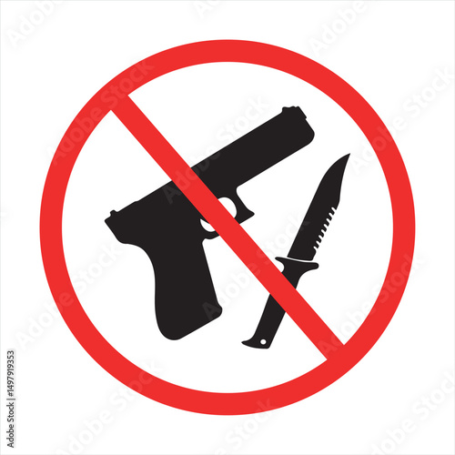 Red and black no weapons sign with crossed gun and knife, vector illustration for safety restrictions