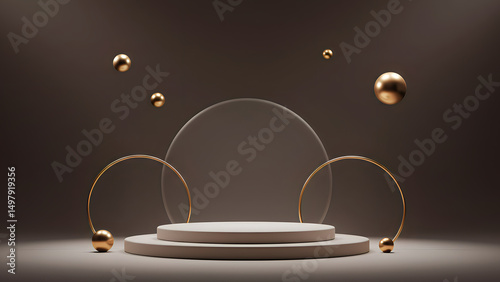 Elegant Brown and Gold Minimalist Product Display Podium with Floating Spheres 3D Render