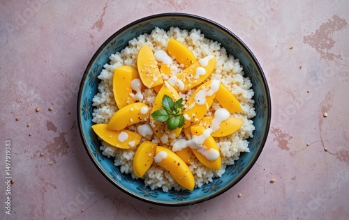 Thai mango sticky rice with coconut drizzle, golden mango slices sprinkled sesame-bright tropical vibe, overhead flat lay