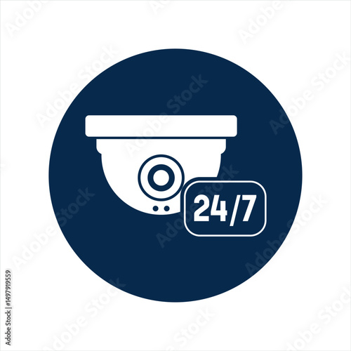 Blue and white 24/7 surveillance camera icon, vector illustration for security monitoring