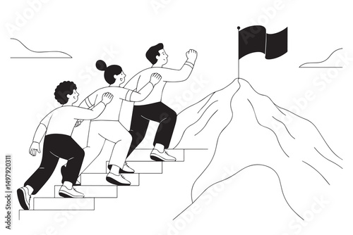 Team Climbing Mountain with Flag Goal Achievement