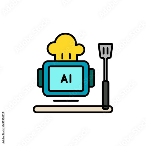 Robotic Chef with Hat and Spatula Icon.