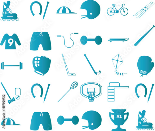 Collection of teal sports icons representing activities from roller skating to award winning trophies in a seamless pattern