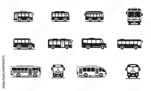 A collection of black and white silhouette bus icons, showcasing different types of buses.