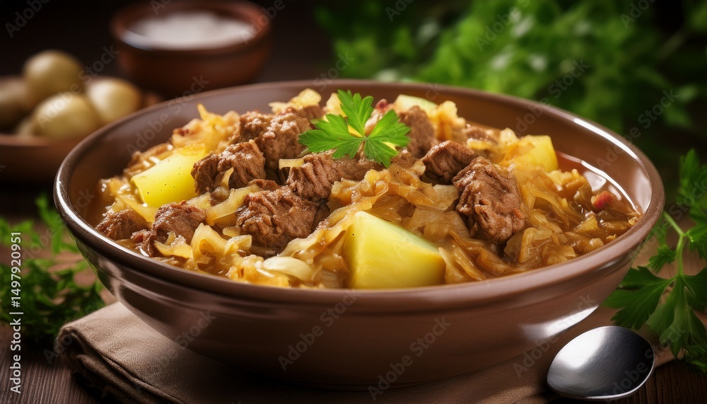 Weißkohleintopf mit Hackfleisch und Kartoffeln in Bowl Weißkohleintopf mit Hackfleisch und Kartoffeln in Bowl