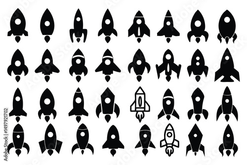 Set of Rocket and Spaceship Silhouette Icons – Vector Collection for Space, Launch, and Sci-Fi Themes