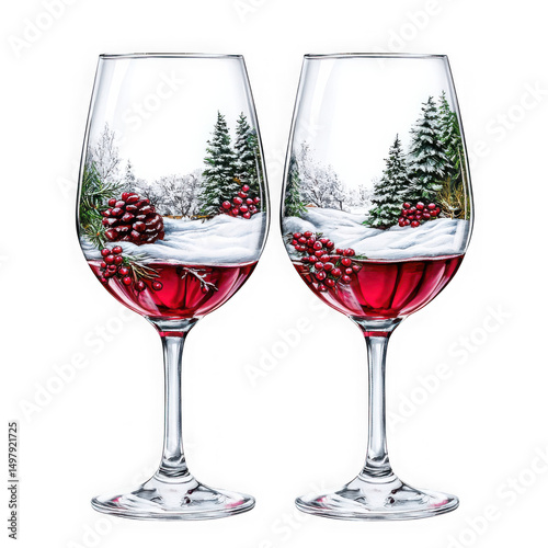 Two wine glasses christmas winter scene holiday decoration festive celebration red wine pine trees snow berries isolated on transparent background