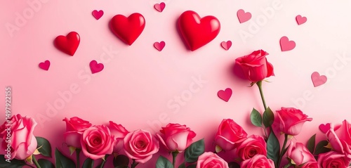 Romantic pink backdrop with hearts and roses for Valentine's Day,  festive,  pretty