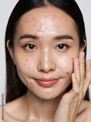 Close-up of young woman face with troubled skin and acne spots for retouching practice.