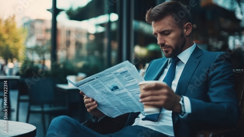 A stylish businessman reads a newspaper while holding coffee outdoors.