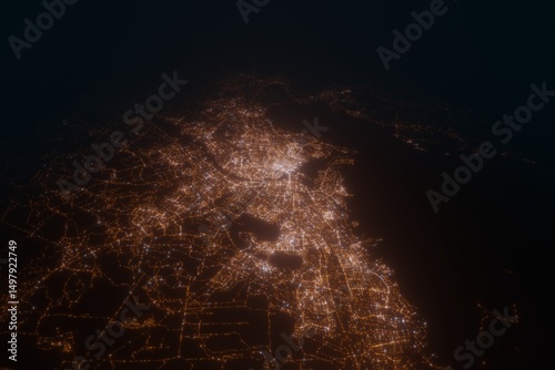 Aerial view on Oulu (Finland) from north. Top view on modern city at night from space