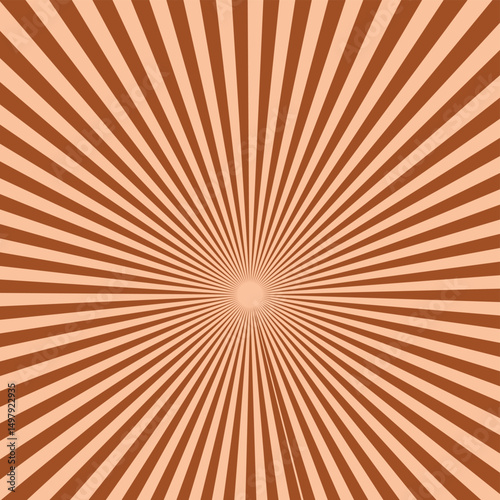 Sunburst background with brown sun ray. Pattern of starburst. Abstract light coffee texture with light of sunburst. Radial beam of sunlight. Retro background with flash. 