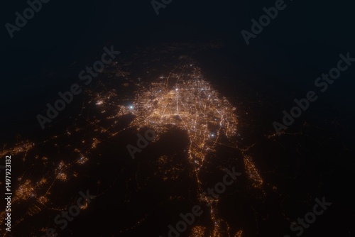 Aerial view on Tehran (Iran) from east. Top view on modern city at night from satellite