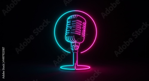 Glowing microphone with neon pink and cyan outline on black