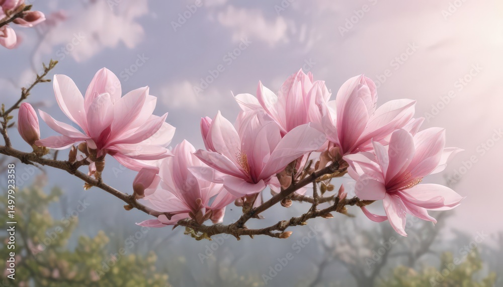 Fototapeta premium Delicate pink magnolia blossoms on a branch against a soft spring sky , delicate, flora, blossom