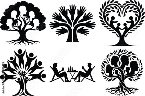 Family Reunion Silhouette Togetherness in Vector Illustration Set. Happy Family Gathering, Large Family Reunion, Family Celebration, Generational Family, Grandparents, Parents & Kids Together.