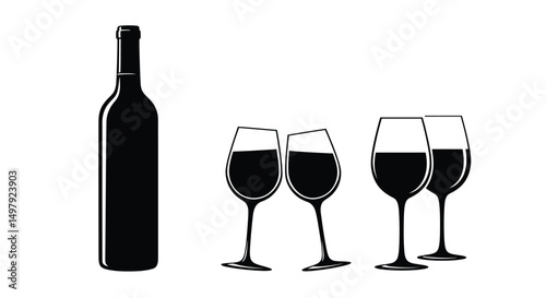 Set of wine bottle with wine glasses vector icons. Silhouette bottle and glass of wine vector. Alcohol glass icon