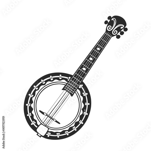Banjo musical instrument in monochrome style isolated on white background vector illustration. Banjo, stringed acoustic wooden banjo. banjo icon silhouette vector art illustration.