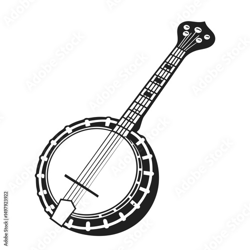 Banjo musical instrument in monochrome style isolated on white background vector illustration. Banjo, stringed acoustic wooden banjo. banjo icon silhouette vector art illustration.