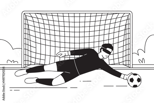 Blindfolded Goalkeeper Saving Soccer Ball in Goal