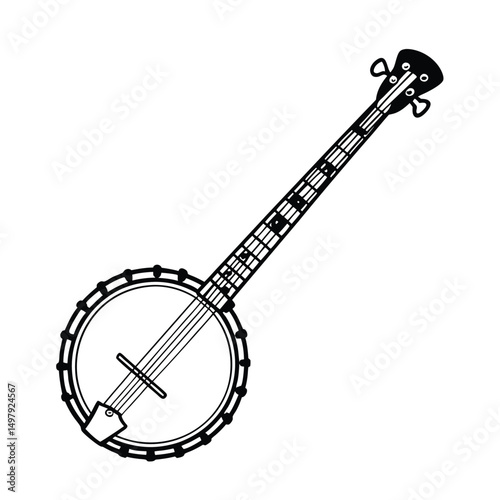 Banjo musical instrument in monochrome style isolated on white background vector illustration. Banjo, stringed acoustic wooden banjo. banjo icon silhouette vector art illustration.