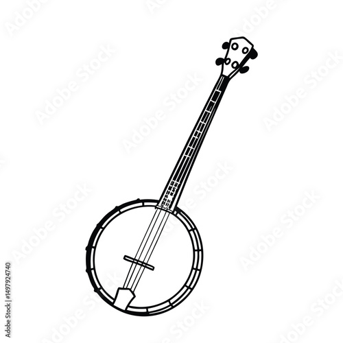 Banjo musical instrument in monochrome style isolated on white background vector illustration. Banjo, stringed acoustic wooden banjo. banjo icon silhouette vector art illustration.
