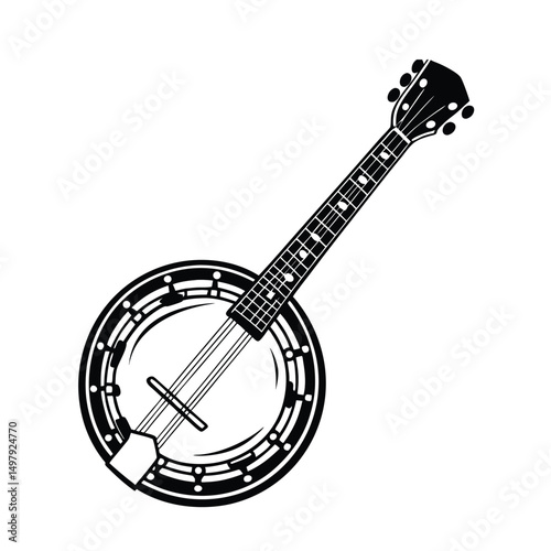 Banjo musical instrument in monochrome style isolated on white background vector illustration. Banjo, stringed acoustic wooden banjo. banjo icon silhouette vector art illustration.