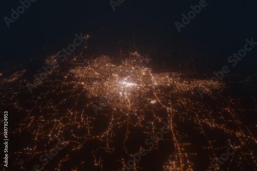 Aerial view on Eugene (USA) from south. Satellite view on modern city at night