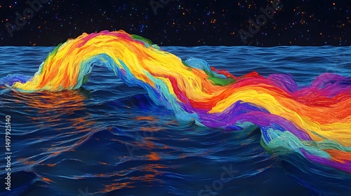 A vibrant rainbow wave arches over a dark blue ocean under a starry night sky creating a surreal scene
