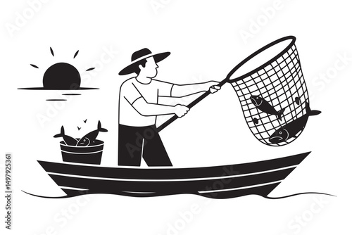 Fisherman Catching Fish with Net from Boat at Sunset