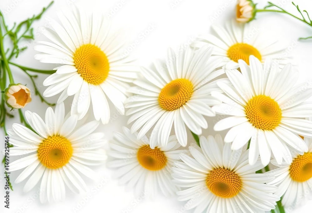 Fototapeta premium Several white daisies, petals and yellow centers, isolated on pure white backdrop, close-up, texture