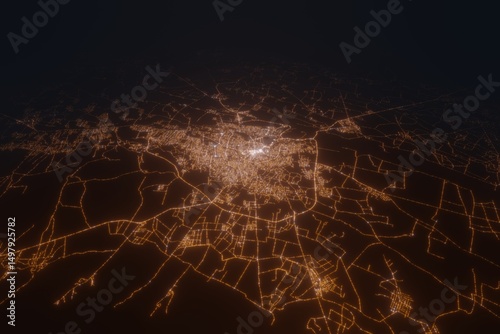 Fototapeta Naklejka Na Ścianę i Meble -  Aerial view on Samarqand (Uzbekistan) from south. Top view on modern city at night from satellite