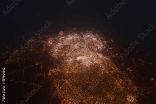 Aerial view on Ouagadougou (Burkina Faso) from east. Top view on modern city at night from satellite