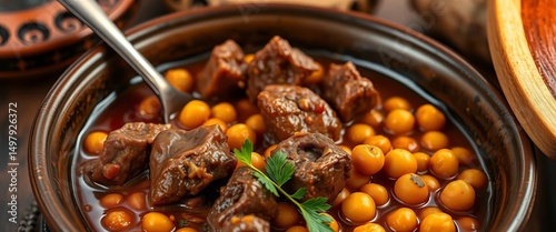 Slow-cooked Libyan lamb and chickpea tagine, fragrant with cinnamon and cumin,  cuisine, Libyan lamb