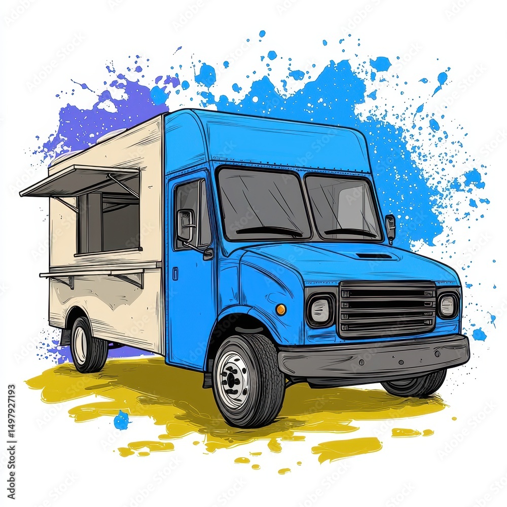 Obraz premium Blue and Beige Food Truck Illustration with Watercolor Splatter Background