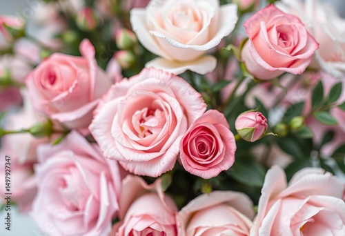 Soft pastel roses and pink flowers bloom in a delicate bouquet, selective focus, floral card frame,  frame,  summer