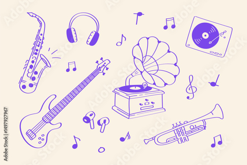 Vintage Jazz Instruments and Headphones Set – Gramophone, Saxophone, Trumpet, Bass. Collection of musical instruments and audio accessories in a jazz-inspired retro line art style.