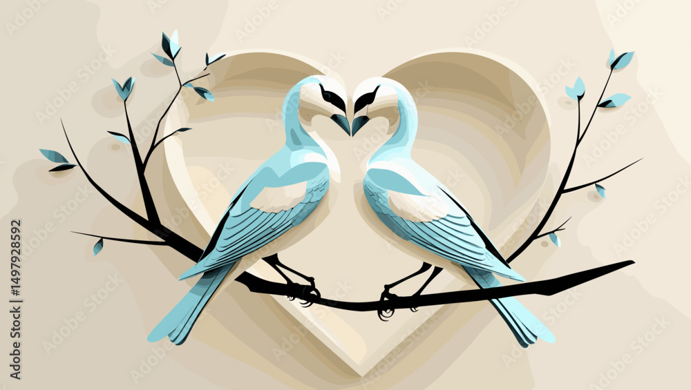 Obraz premium Two bluebirds forming a heart shape with their bodies, perched on a branch against a light background