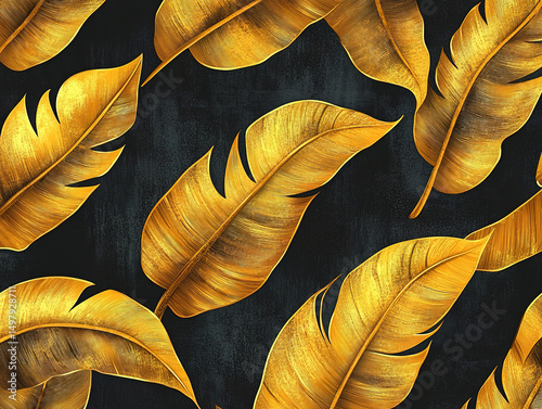 Tropical Banana Leaf Wallpaper with Golden Line Arts
