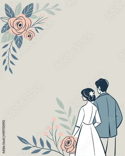 Elegant Floral Wedding Invitation Template with Bride and Groom Vector Illustration
