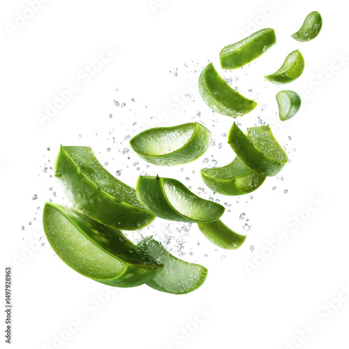 Slices of aloe vera plant levitating against a white background