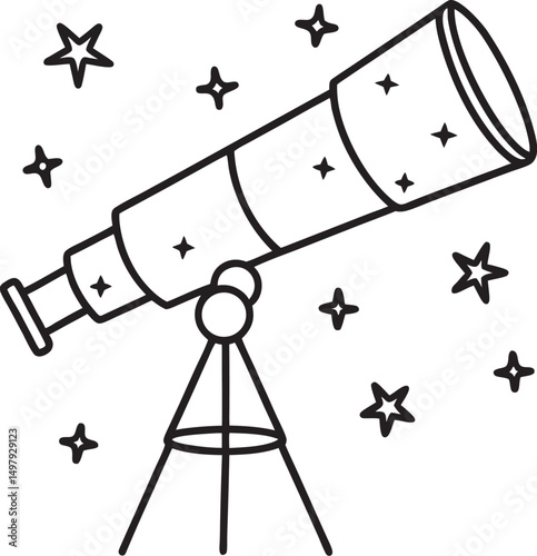 A telescope looking at a starry sky with constellations line art