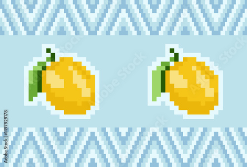 Pixel seamless summer pattern with lemons and stylized zigzag stripes. Geometric summer background with fruits. Retro video game style. Perfect for retro summer designs, menu, fabric, packaging.