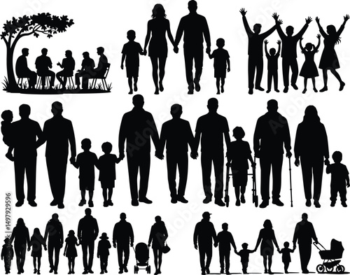 Family Reunion Silhouette Togetherness in Vector Illustration Set. Happy Family Gathering, Large Family Reunion, Family Celebration, Generational Family, Grandparents, Parents & Kids Together.