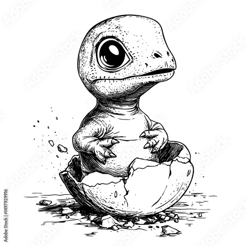 An adorable baby dinosaur just hatched from its egg shell. Captured with detailed ink work, offering a whimsical appeal, the dinosaur, with its large, expressive eyes, evokes curiosity and wonder.