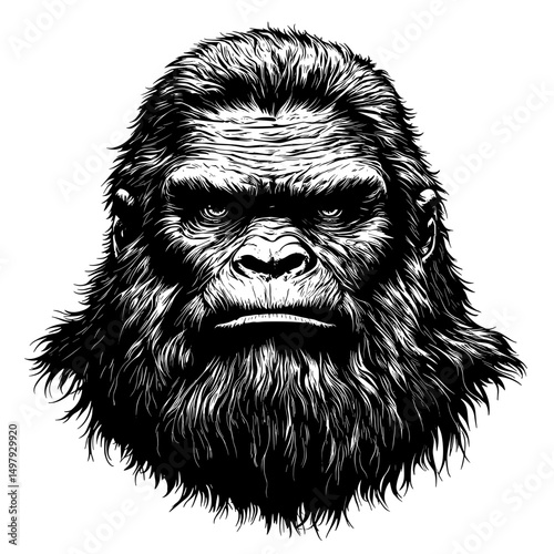 A detailed, artistic vector illustration of a Bigfoot, rendered in stark black and white, creating a captivating visual. The portrait features a solemn expression.