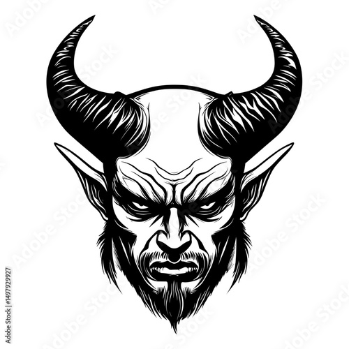 Intense artwork of a demonic figure with imposing horns, exhibiting a stern and formidable visage, etched in striking monochrome illustration.
