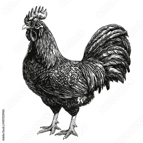 An intricately detailed monochrome illustration of a majestic rooster, its plumage meticulously rendered with skillful cross-hatching, embodying a sense of rural charm and natural beauty.